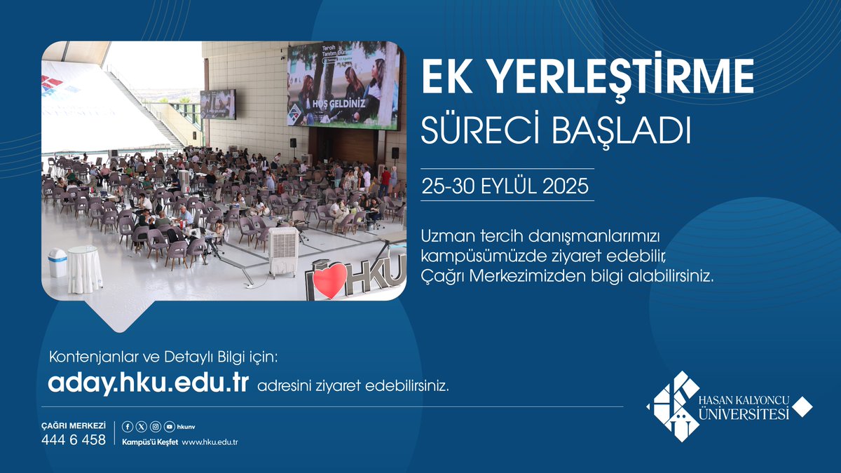 EK YERLEŞTİRME!

Ek Yerleştirme Süreci Başlıyor 📢

25 - 30 Eylül 2025 tarihleri arasında uzman tercih danışmanlarımızı kampüsümüzde ziyaret edebilir, çağrı merkezimizden bilgi alabilirsiniz.

Kontenjanlar ve ayrıntılı bilgi için: ⏬👇⏬

hku.edu.tr/ilanlar/ek-kon…

Çağrı Merkezi: