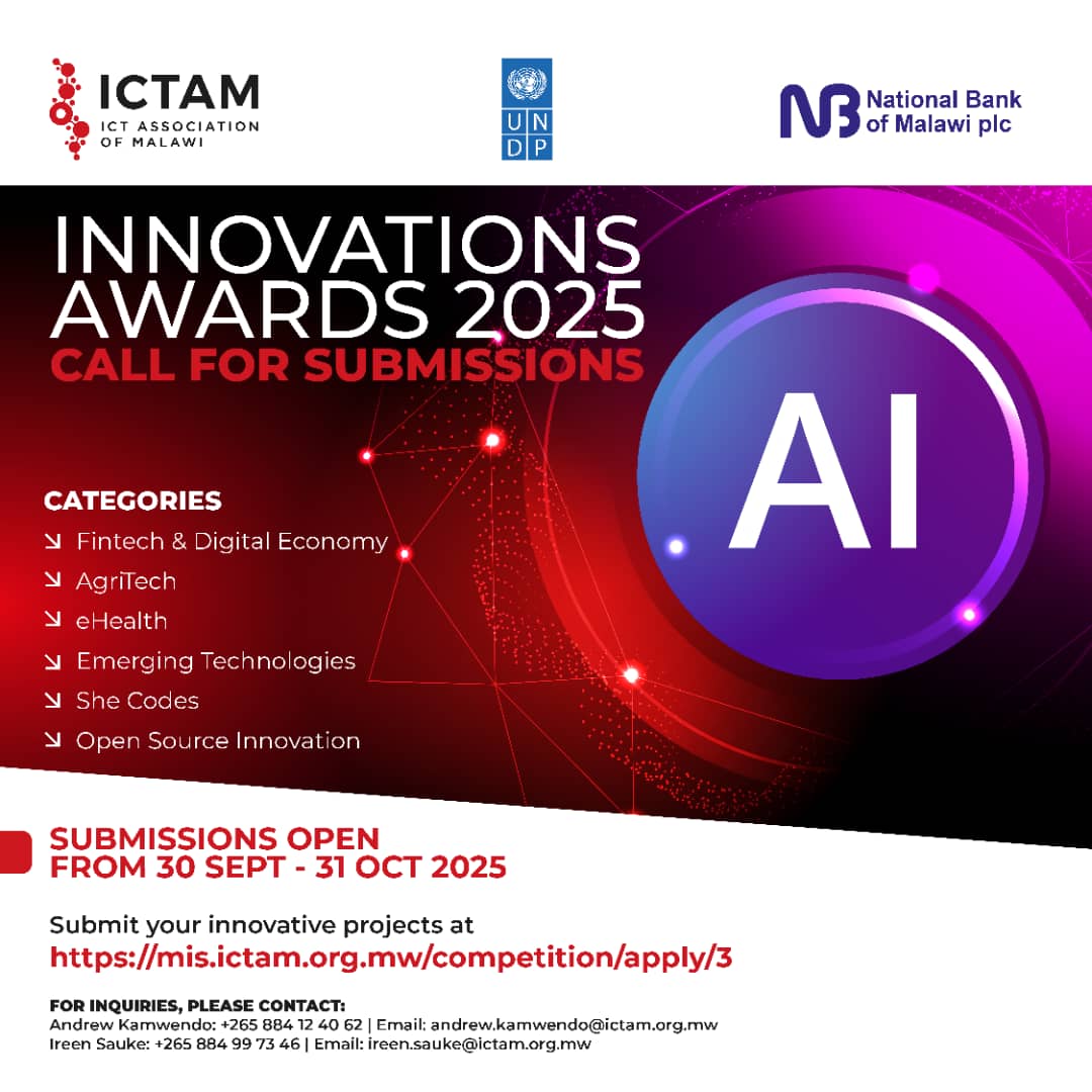 INNOVATIONS AWARDS 2025 is here!
Calling all tech innovators in #Malawi! Submit groundbreaking projects in: Fintech &amp; Digital Economy  AgriTech eHealth Emerging Tech She Codes Open Source Sept 30 - Oct 31, 2025 mis.ictam.org.mw/competition/ap…
#InnovationAwards2025 #TechAwards #Innovation