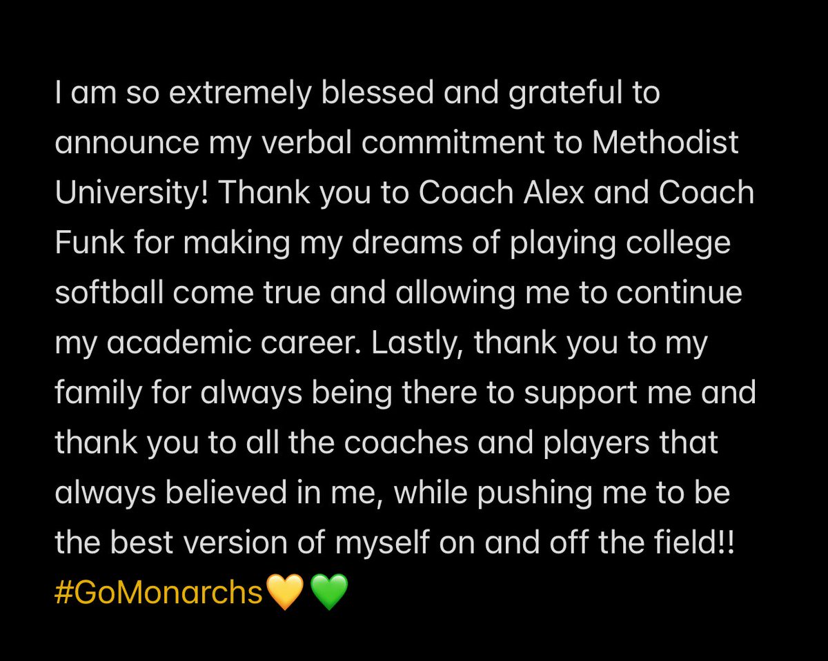 Kaylee (@kaylee_swinson) on Twitter photo I am extremely excited to announce my verbal commitment to <a href="/MUMonarchsSB/">Methodist University Softball</a>! Thank you to coach <a href="/_Coach_Alex_/">Alex Allaman</a> and <a href="/CoachFuentes21/">Austin Fuentes</a> for this amazing opportunity!!💚💛 I am extremely excited to announce my verbal commitment to <a href="/MUMonarchsSB/">Methodist University Softball</a>! Thank you to coach <a href="/_Coach_Alex_/">Alex Allaman</a> and <a href="/CoachFuentes21/">Austin Fuentes</a> for this amazing opportunity!!💚💛