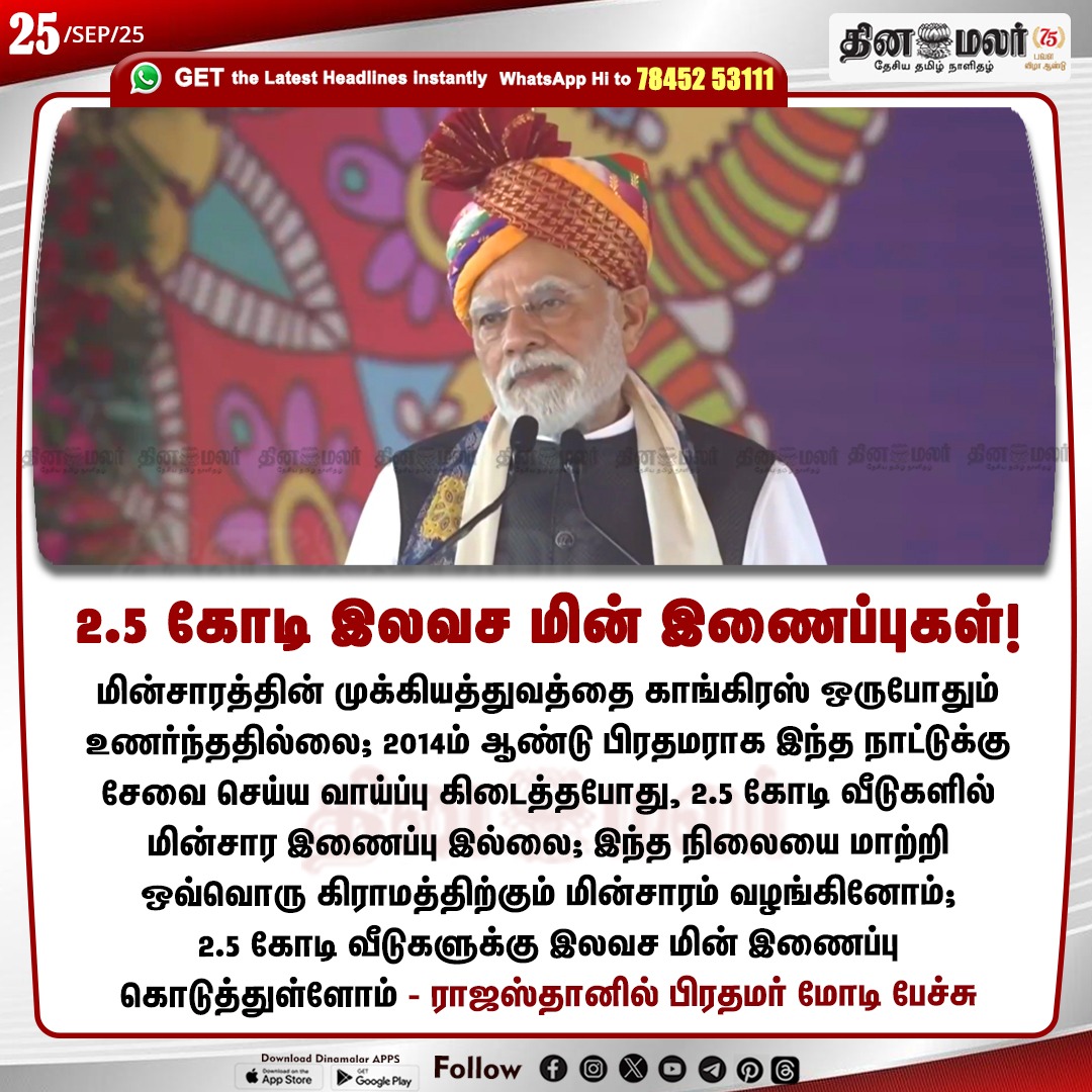 dinamalarweb's tweet image. 2.5 கோடி இலவச மின் இணைப்புகள்! 
#Pmmodi | #modispeech | #narendramodi | #rajasthan 
dinamalar.com