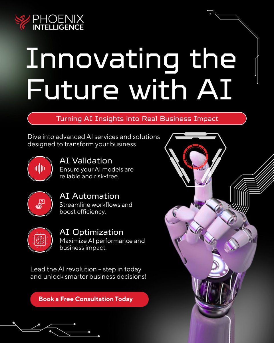 PhoenixAI_Lab's tweet image. Innovate the future with AI!
Explore AI Validation, Automation & Optimization with Phoenix Intelligence and transform your business.
Lead the AI revolution & unlock smarter decisions today. 
Book your free consultation: phoenix-intelligence.com
#aiinnovation #aiconsulting