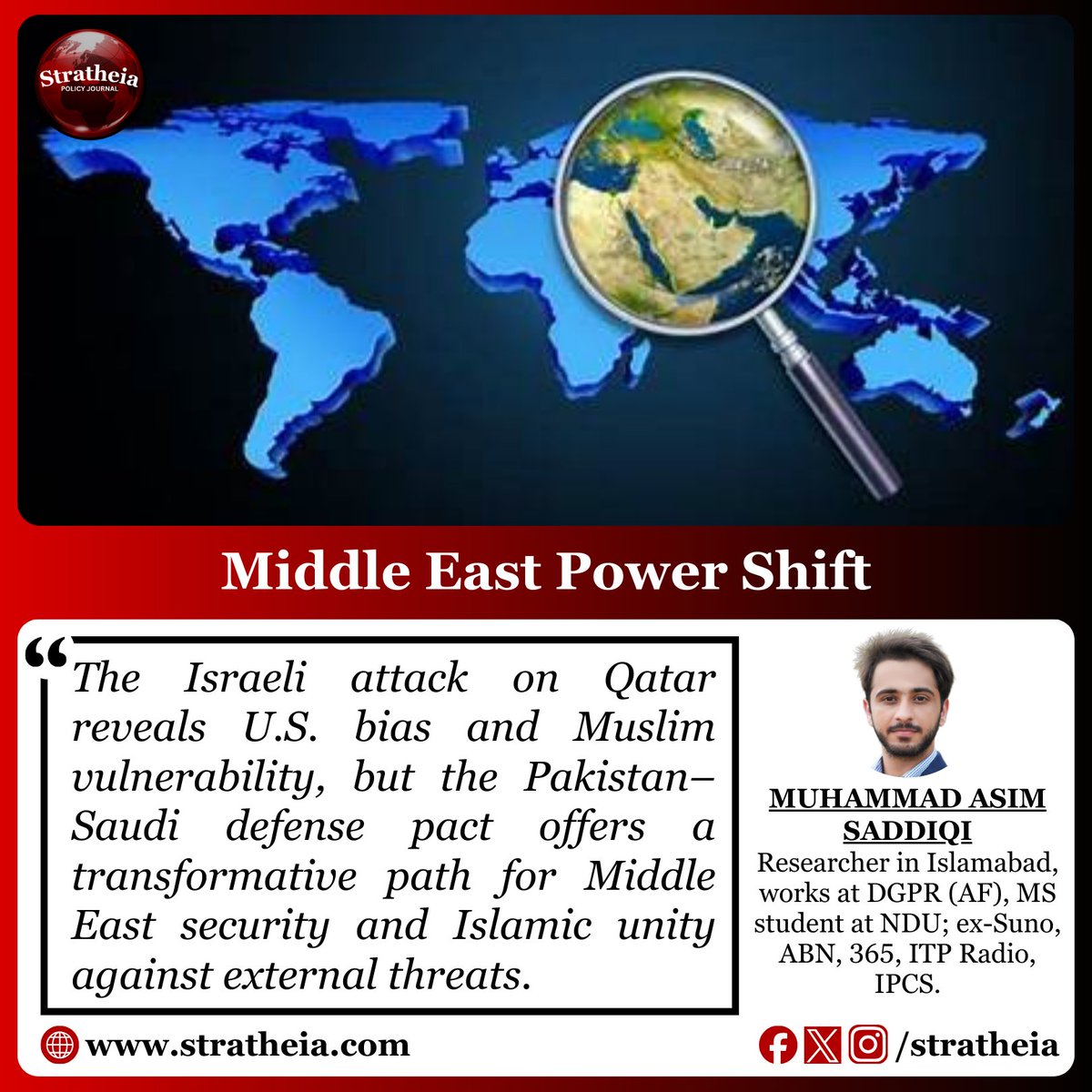 stratheia's tweet photo. Israel’s strike on Qatar exposes U.S. duplicity. Muslim nations must look beyond hollow alliances for true security. The Pak–Saudi defense pact could be the game changer. @Muhamma57916316 
#Qatar #Gaza #PakSaudi 
Read Full Article: https://t.co/Wm9XHAj8UI https://t.co/ZqNaJzukDm
