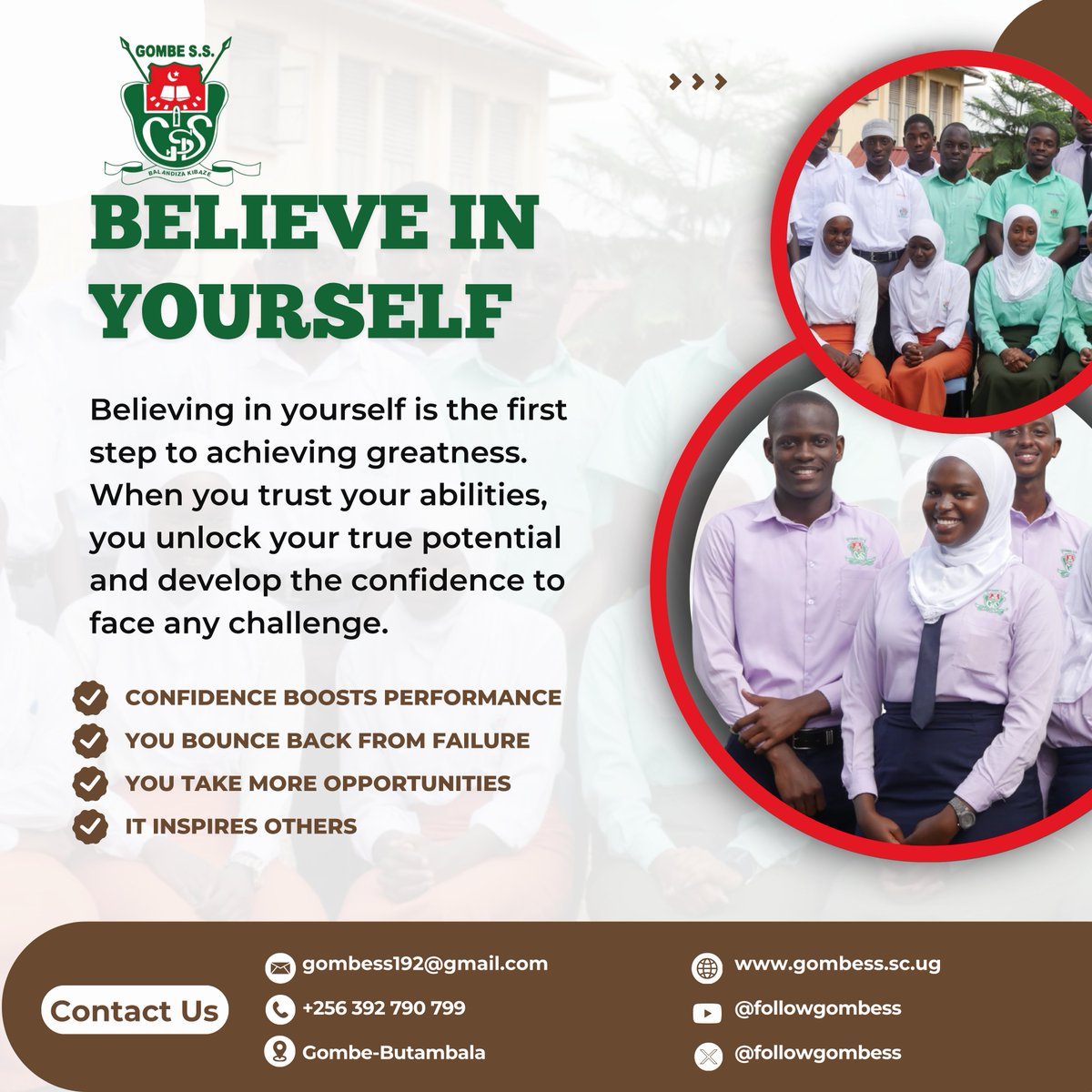 Every success story begins with self-belief. 🌿 At Gombe S.S, we nurture confidence, resilience, and the courage to take on challenges. 💡 Believe in yourself, the rest will follow! #GombeSS #Confidence #Inspiration