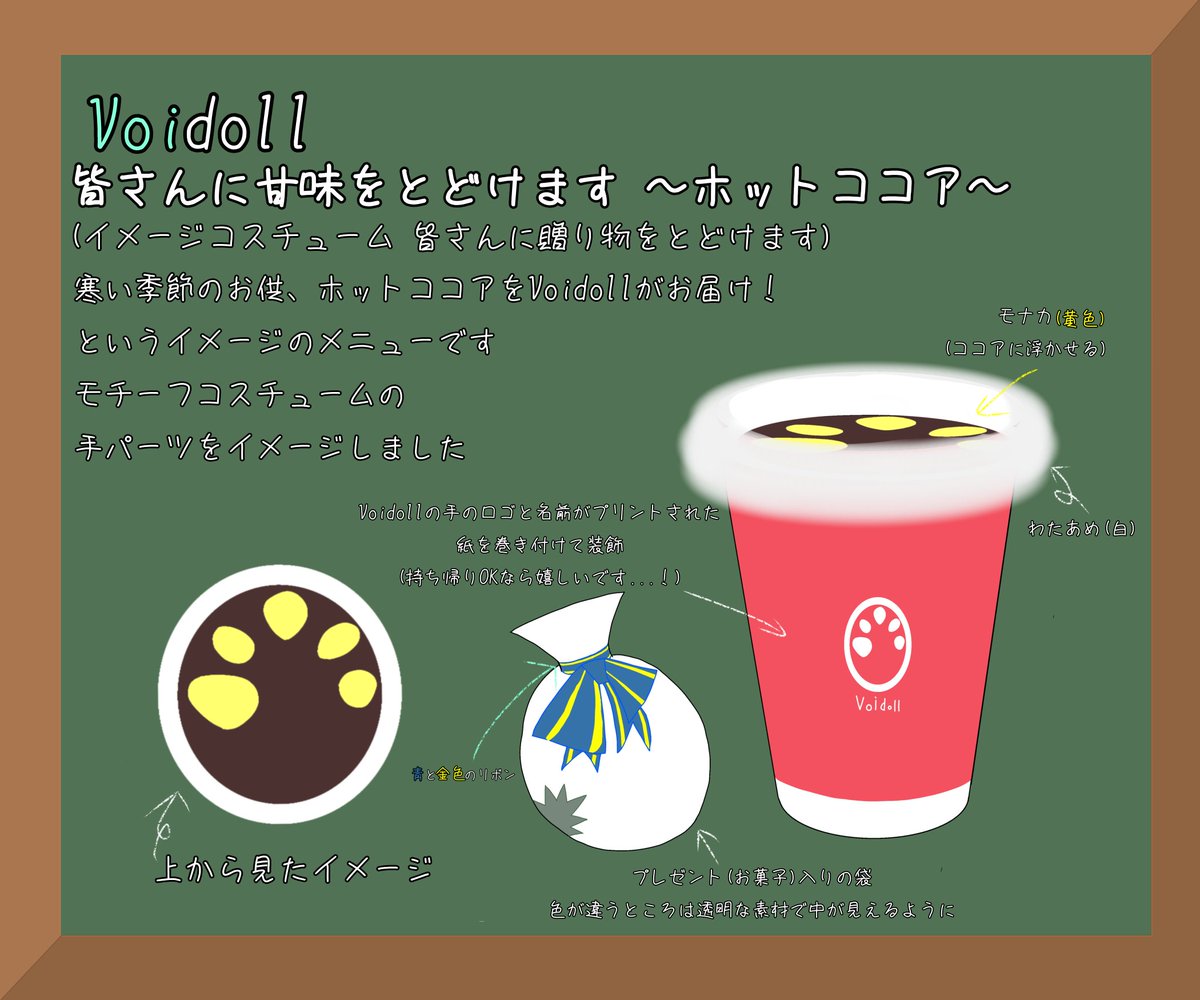 #コンパスカフェメニューアイディア
モチーフヒーロー:Voidoll
メニュー名
｢皆さんに甘味をとどけます 〜ホットココア〜｣

サンタコスチュームをイメージしたメニューです。
Voidollが甘めのホットココアとプレゼントのお菓子をお届けしてくれたようです...そんなイメージ

応募規約に同意しました！