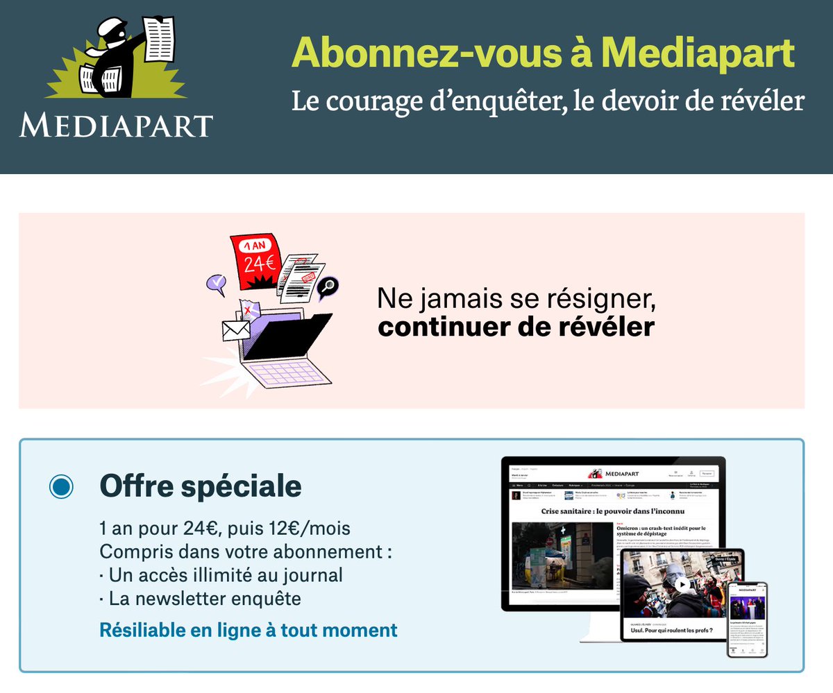 Edwy Plenel (@edwyplenel) on Twitter photo Si <a href="/Mediapart/">Mediapart</a> n'existait pas, il aurait fallu l'inventer. Merci à toutes celles et tous ceux qui nous soutiennent depuis 2008 et qui ont cru à nos révélations dans l'affaire libyenne. N'hésitez pas à les rejoindre, abonnez-vous (1 an pour 24 euros).
👉 abo.mediapart.fr/abonnement/ren… Si <a href="/Mediapart/">Mediapart</a> n'existait pas, il aurait fallu l'inventer. Merci à toutes celles et tous ceux qui nous soutiennent depuis 2008 et qui ont cru à nos révélations dans l'affaire libyenne. N'hésitez pas à les rejoindre, abonnez-vous (1 an pour 24 euros).
👉 abo.mediapart.fr/abonnement/ren…
