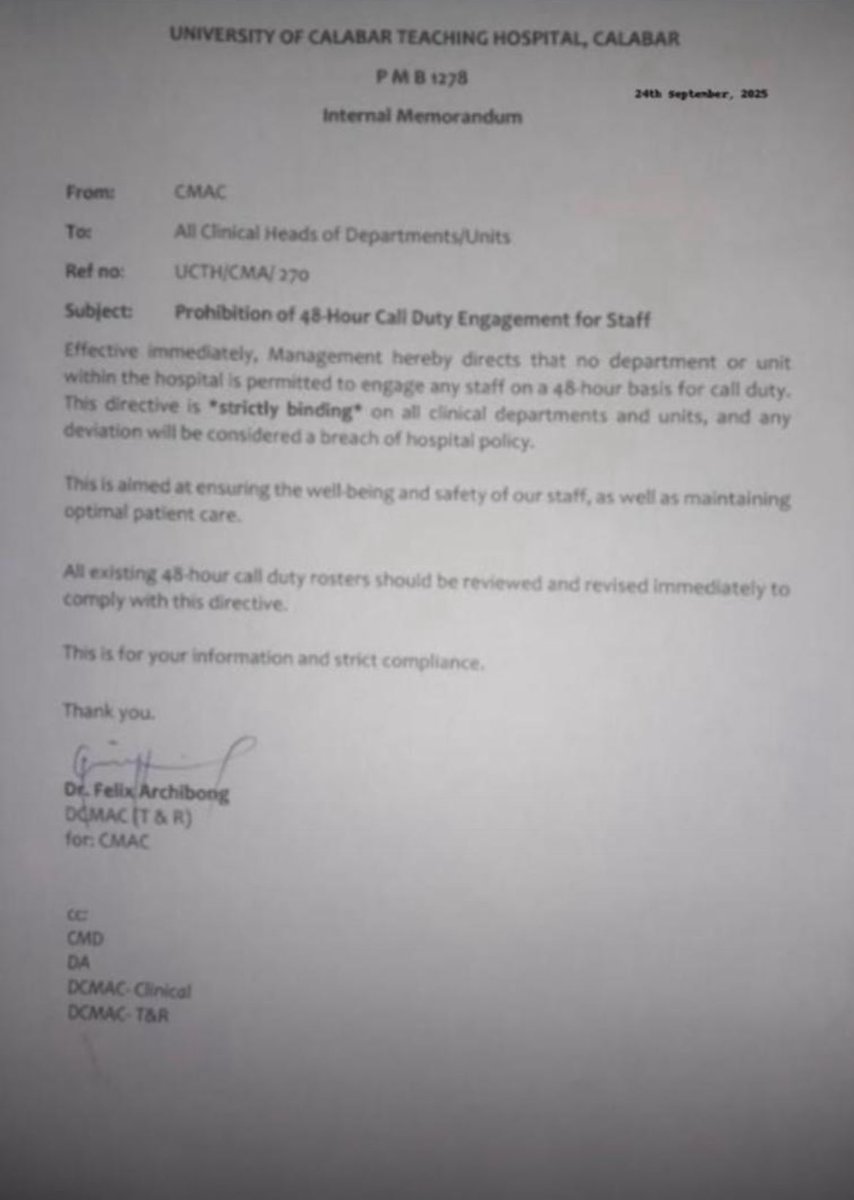 Medzonetv's tweet image. Gbammm!
The 48-hour call duty has been abolished at the University of Calabar Teaching Hospital.  
More hospitals should follow suit.