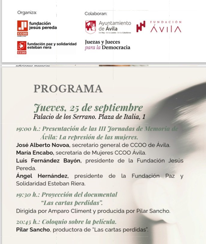 Esta tarde se inicia la 3ª edición de #JornadasMemoriaHistóricaÁvila de <a href="/fjpcyl/">Fundación Jesús Pereda de CCOO Castilla y León</a> <a href="/CCOOAvila/">CCOOÁvila</a> <a href="/JpDemocracia/">Juezas y Jueces para la Democracia</a> <a href="/FPySRiera/">Paz y Solidaridad Esteban Riera</a> con la magnífica  película <a href="/cartaspeli/">Las Cartas Perdidas</a> de #AmparoCliment
A las 19:00 h. en el Palacio de los Serrano de <a href="/Fundacion_Avila/">FundaciónAvila</a>

youtu.be/ApMknWR1wg0?si…