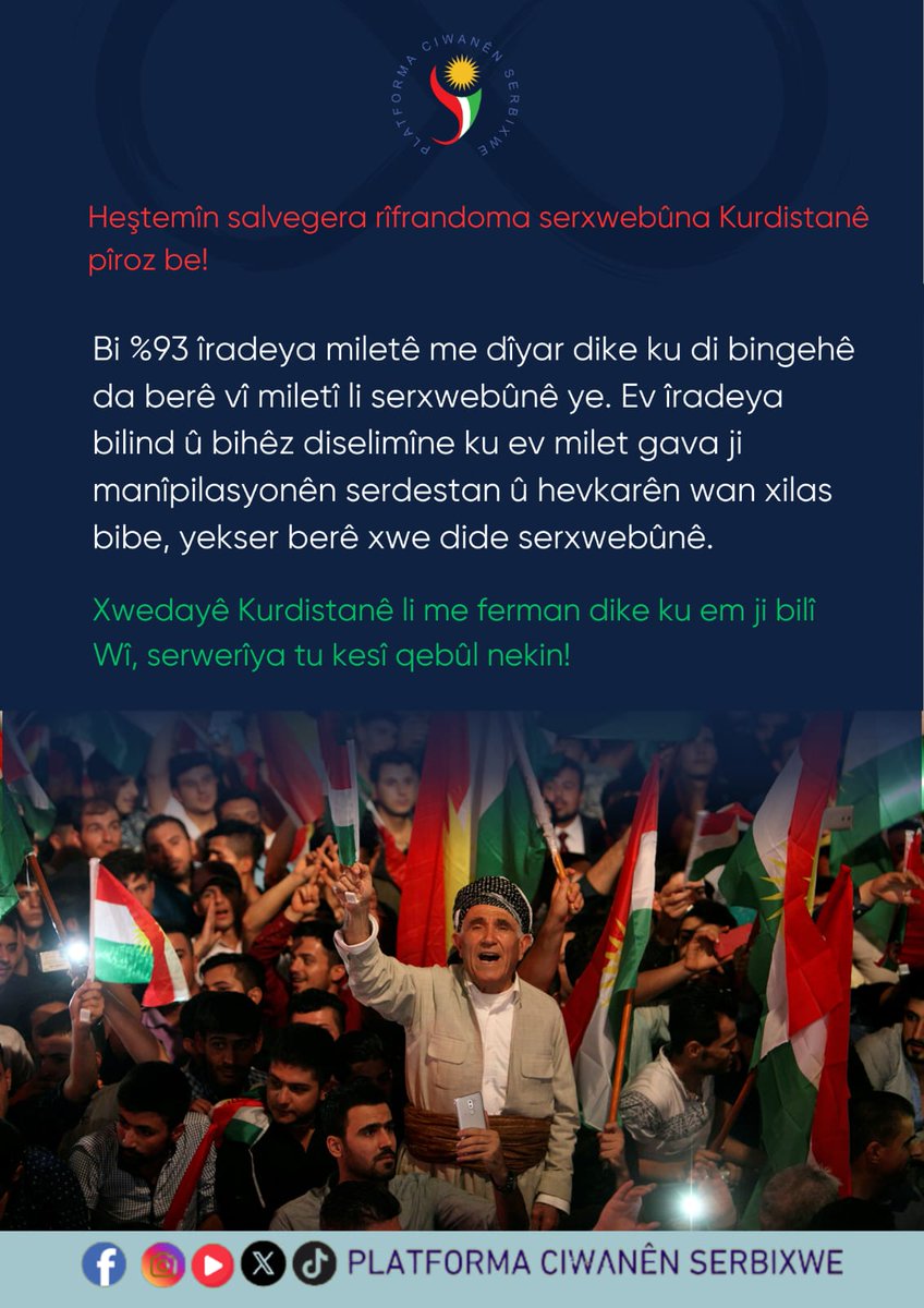Heştemîn salvegera rîfrandoma serxwebûna Kurdistanê pîroz be!

Bi %93 îradeya miletê me dîyar dike ku di bingehê da berê vî miletî li serxwebûnê ye. Ev îradeya bilind û bihêz diselimîne ku ev milet gava ji manîpilasyonên serdestan û hevkarên wan xilas bibe, yekser berê xwe dide