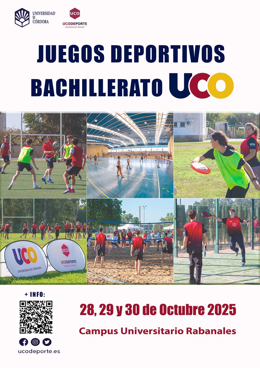 Ya está disponible para su descarga el boletín 0 y el formulario de inscripción de centros para los X Juegos Deportivos Bachillerato UCO, que se celebrarán los próximos 28, 29 y 30 de octubre, en el QR del cartel adjunto y en este enlace
–&gt; uco.es/empresa/ucodep…