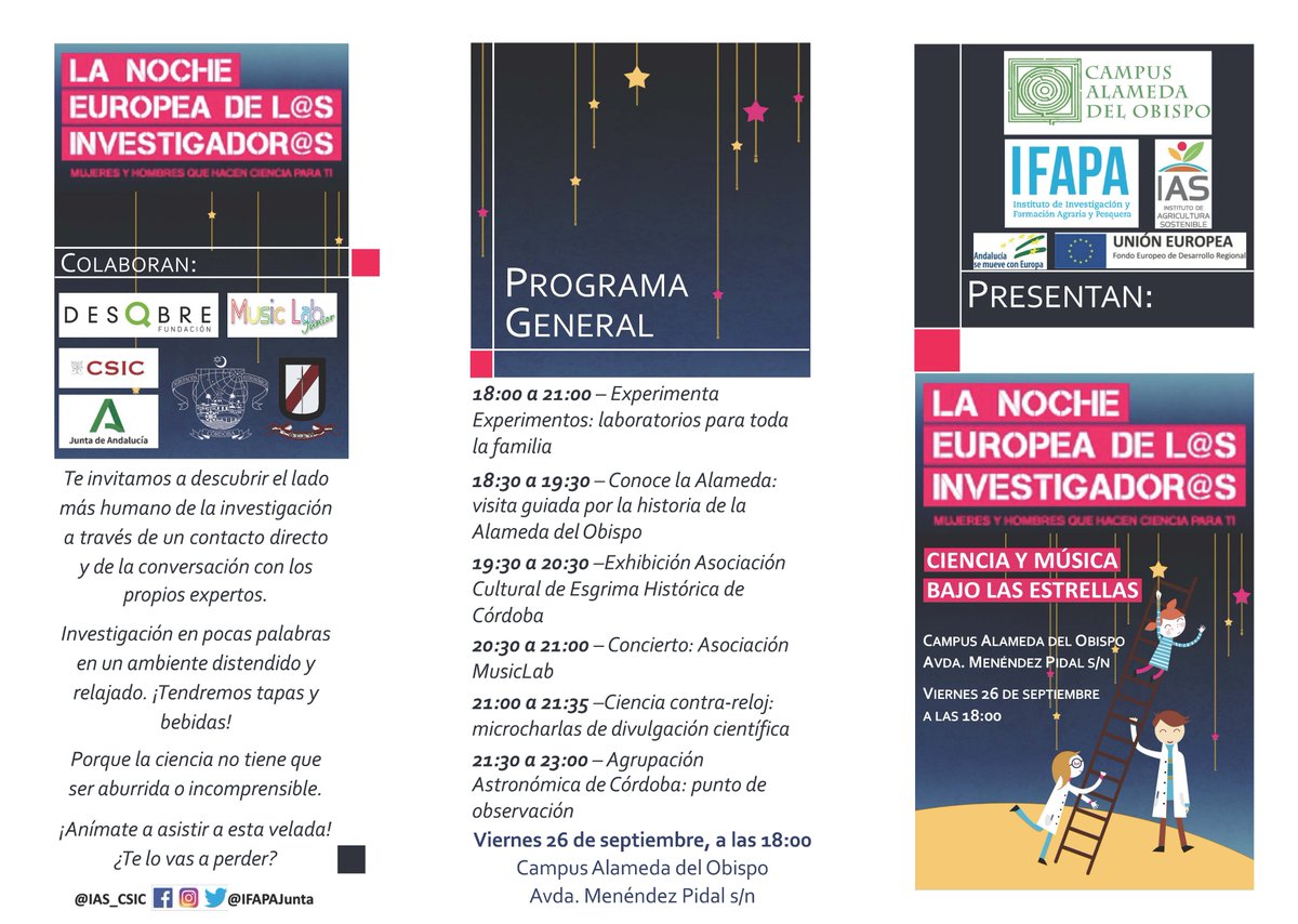 IAS_CSIC's tweet photo. 📣 📣 #MAÑANA "CIENCIA Y MÚSICA BAJO LAS ESTRELLAS" con más de 50 👨🔬👩🔬 participantes del @IAS_CSIC e @IfapaJunta Alameda del obispo
#microcharlas #experimentos #música #astronomía #Visitaguiada #esgrima 🌻🦠🔬🛩️🌳🔭🧪🎶
#NightSPAIN #CSIC @CSICdivulga @FDescubre https://t.co/N3O7pZMncH