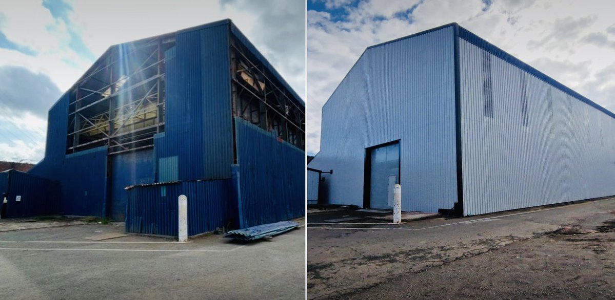 Midas_Cladding's tweet image. Before & after of a job we completed for @Docks_UK we have refurbished buildings 1&2 located either side of the dry dock at their #Teesside yard
The old dishevelled wall cladding has been replaced with new plastisol coated trapezoidal panels to keep in with the rest of the site