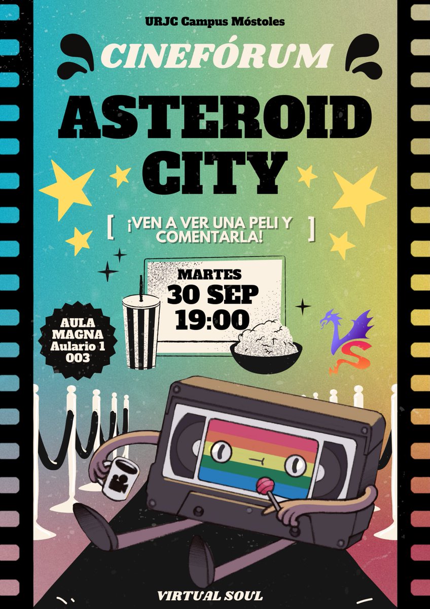 🎬 ¡Vuelve el Cinefórum de Virtual Soul! 🎬  

🕖 Cuándo: Martes 30 de septiembre, 19:00 
📍 Dónde: Aula Magna Aulario 1 003, Campus de Móstoles 
🎥 Película: Asteroid City, Wes Anderson  
👤 Entrada libre  
¡Ven a ver una peli y comentarla! 
#Cineforum #VirtualSoul #URJC