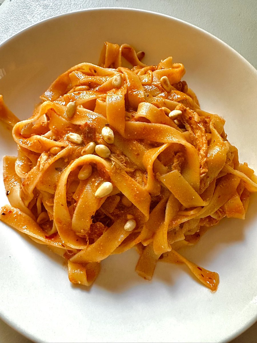 Harissa fettuccine with shredded chicken and toasted pine nuts. Incredible flavors if I must say so myself 🤌🏻🥂