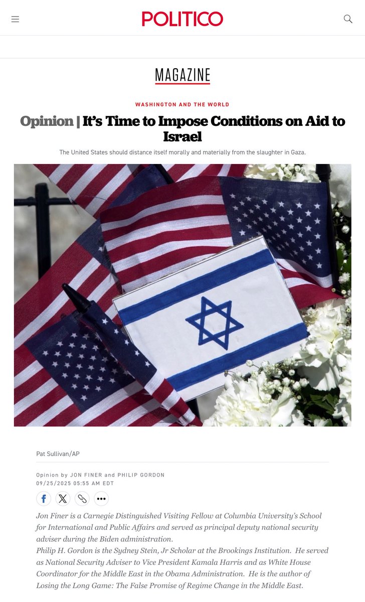 RaniaKhalek's tweet image. 2 former national security advisors during the Biden administration (Jon Finer & Philip Gordon) argue “it’s long past time” to leverage US weapons to Israel to force an end to the genocide in Gaza.
Is there a word for officials making these proclamations AFTER they’re out of…