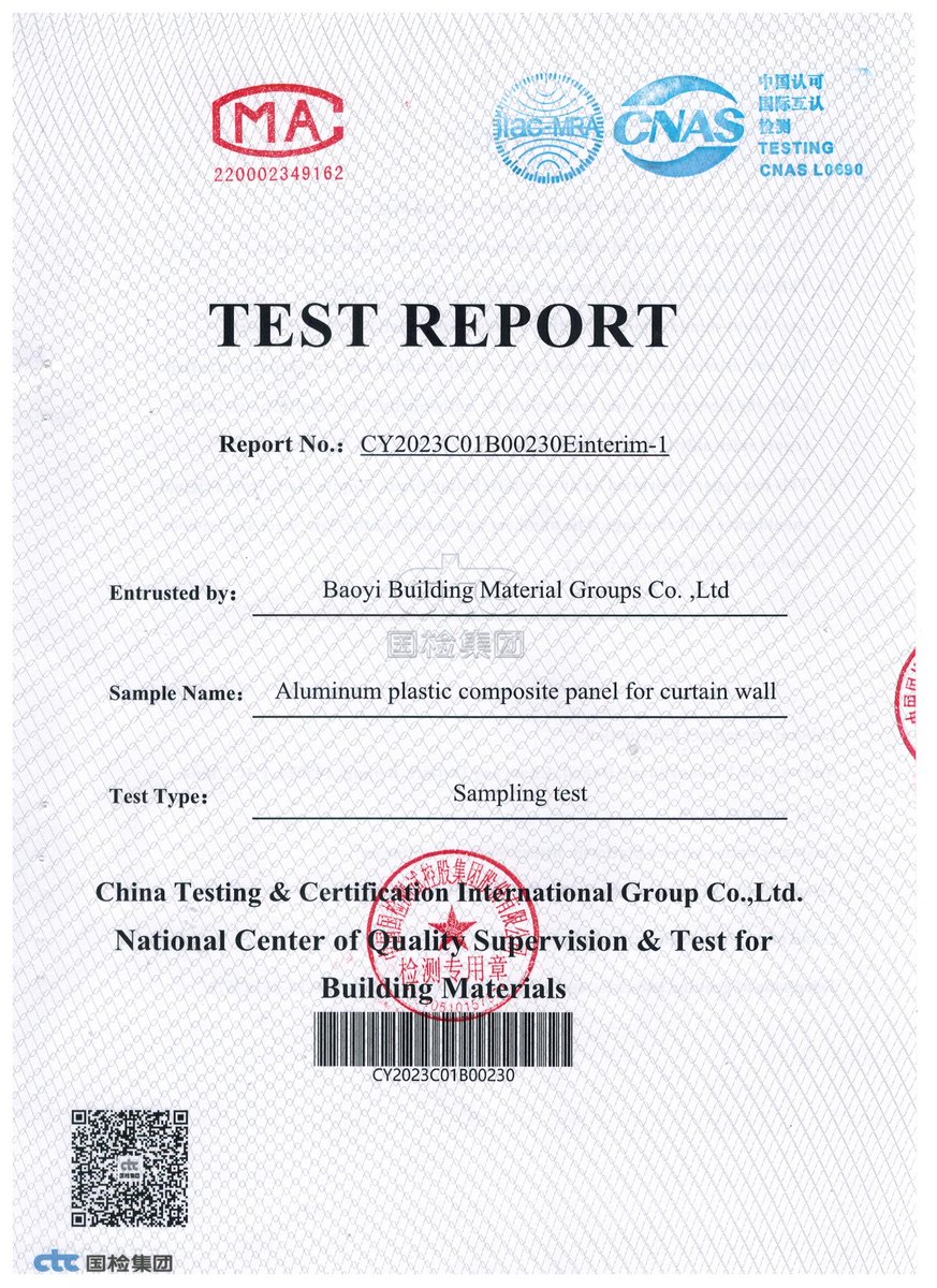 BAOYIBUILDING's tweet image. 📑 Baoyi ACP panels passed CTC tests: fire-resistant (B-s1,d0,t0), strong mechanical strength &amp;amp; low smoke/toxicity. Certified safety + durability. 📩 sales@baoyi-group.cn
#baoyi #aluminumcompositepanel #quality