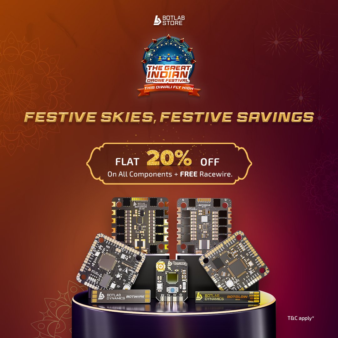 BotLabStore's tweet image. Make the sky Sparkle Without the Smoke✨
This festive season, get more reasons to celebrate!
Flat 20% OFF on all components + get a FREE Racewire with your order.🎉
✅1-Year Warranty
✅Assured & Trusted Buying
✅Proudly Built in India
#TheGreatIndianDroneFestival…