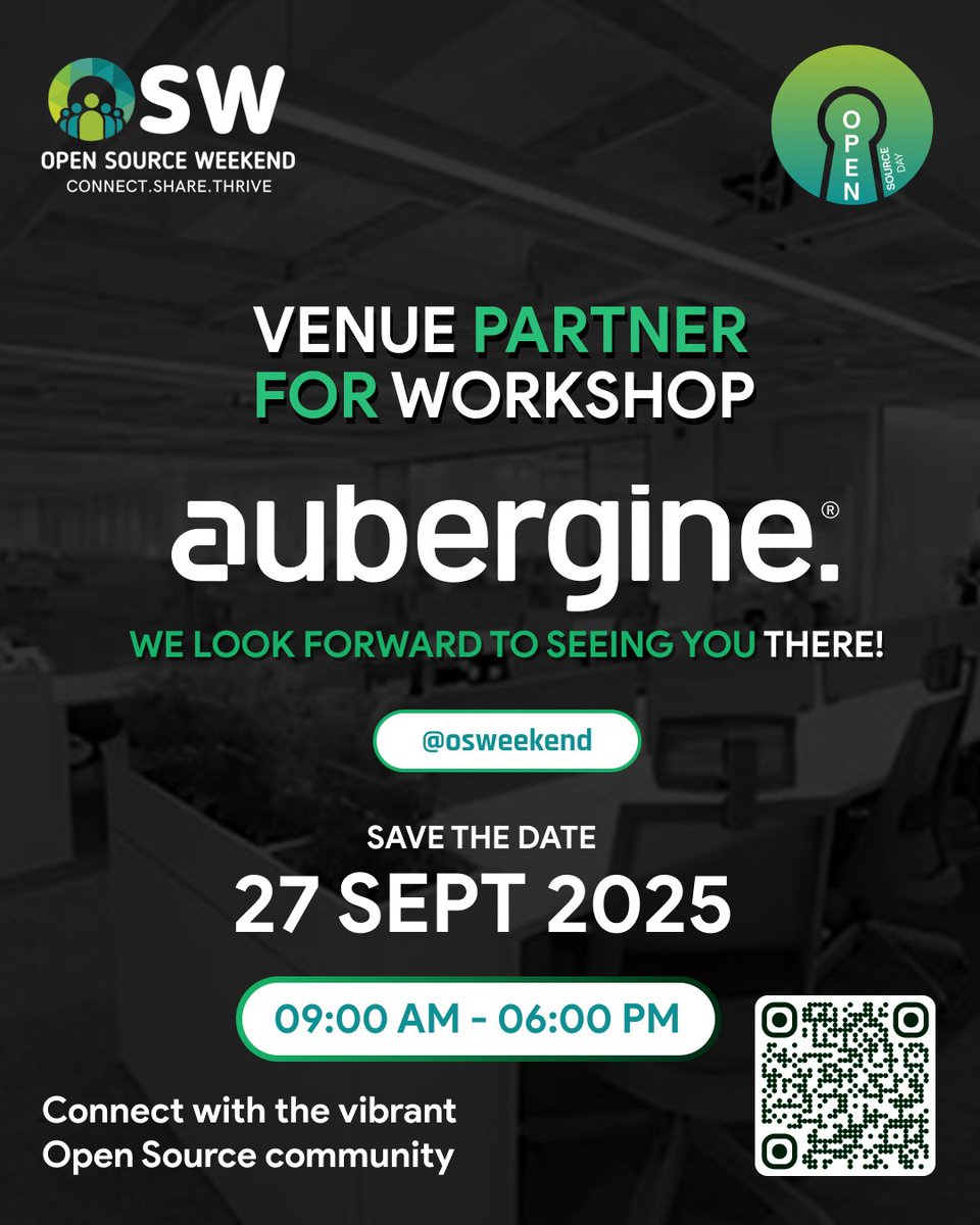 🌐 Open Source Day 2025 Workshop

Excited to have <a href="/auberginetweets/">Aubergine Solutions</a> as our Venue Partner!
📅 27 Sep 2025
🤖 Free Registration: luma.com/pc0q0hm8
Join industry leaders &amp; devs to learn, network &amp; innovate in open source. 🚀
#OpenSourceDay2025 #OpenSource #OSD2025