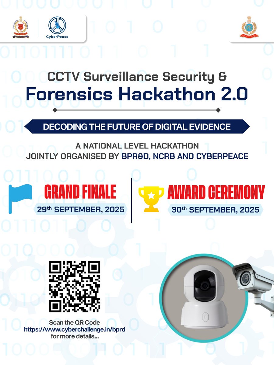 #HackathonFinale The wait is over! 🎉

📅 Grand Finale: 29th September 
🏆 Award Ceremony: 30th September

Stay tuned as the brightest minds showcase their innovations in CCTV Surveillance &amp; Forensics Hackathon 2.0 by <a href="/BPRDIndia/">Bureau of Police Research & Development</a>, <a href="/NCRBHQ/">NCRB</a> &amp; #CyberPeace☮️!

#CCTVTech