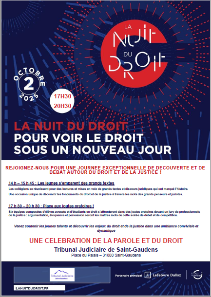 ppcaToulouse's tweet photo. Le ressort de la CA de Toulouse vous propose, à l'occasion de la Nuit du Droit, une journée riche en réflexions, enseignements et apprentissages au travers des activités ludiques et pédagogiques. Découvrez et n'hésitez pas à partager le riche programme proposé encore cette année. https://t.co/Nb2KqT2rBo