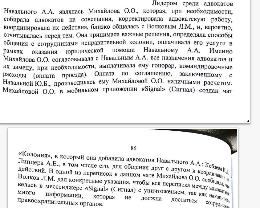 ❗️ Волков руководил действиями адвокатов Навального – показания адвоката Сергунина.

В приговоре адвокатам Алексея Навального – Вадиму Кобзеву, Алексею Липцеру и Игорю Сергунину – приводятся признательные показания Сергунина, который называет успевшую эмигрировать Ольгу Михайлову