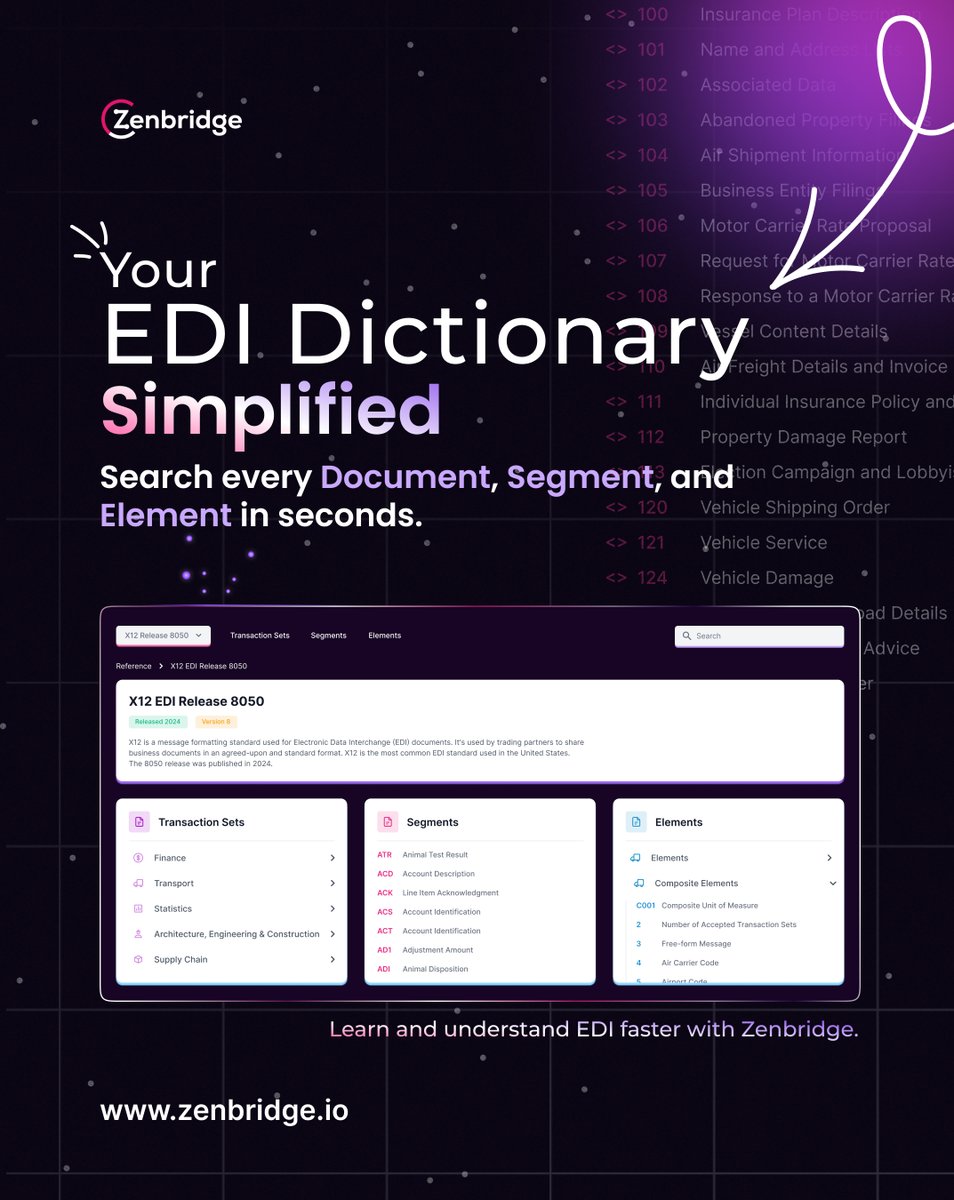 Zenbridgeio's tweet image. Stop getting lost in EDI codes
Search, explore, and learn the usage- making EDI simpler for your business and your team
Start learning EDI at zenbridge.io/edi-dictionary/
#edidictionary #ediasapi #techguide #developer #softwaredevelopment #troubleshoot #code