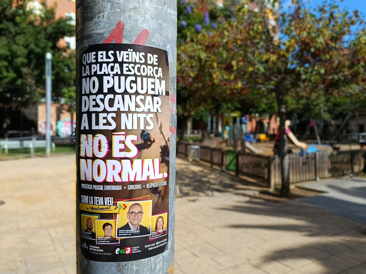 esquerraLH's tweet photo. Fa massa temps que el que passa a #LHospitalet, amb el govern de @DavidQuirosLH i el @PSCLH, no és normal

A llocs com la pl. Escorça, la pl. Espanyola, entorn del parc de les Planes, blocs Florida o c/Mina, a Pubilla Cases, els veïns no tenen dret al descans.
I això #NoÉsNormal. https://t.co/1uo4RvuDyz