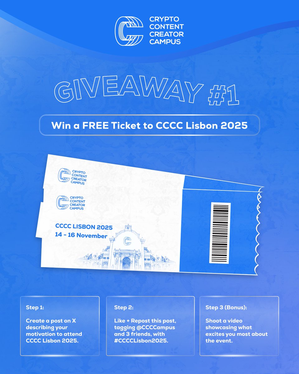 Creators, this is your chance!

🎟️ Win a FREE ticket to CCCC Lisbon 2025

How to enter:
Step 1: Post on X why you want to attend CCCC Lisbon 2025
Step 2: Like + Repost this &amp; tag <a href="/CCCCampus/">Crypto Content Creator Campus</a> + 3 friends with #CCCCLisbon2025
Step 3 (Bonus): Share a short video of what excites you