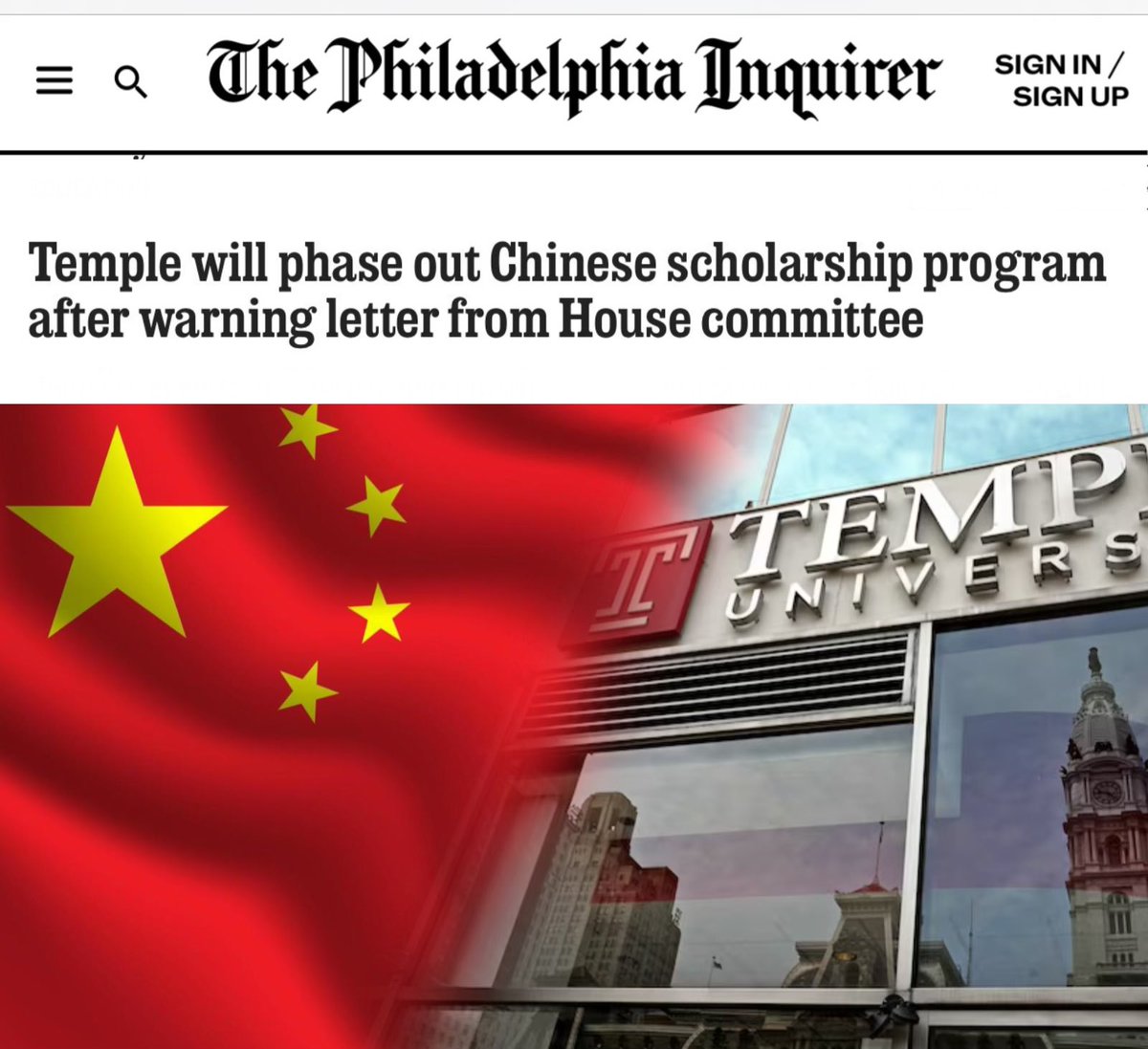 Byron_Wan's tweet image. Temple University plans to phase out a partnership with 🇨🇳 Chinese Scholarship Council that brought 25 to 35 students to the school each of the last two years.

Temple's move to end the partnership with the 🇨🇳 Chinese Scholarship Council follows a letter from the House Select…