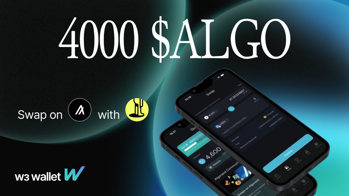 w3wallet_app's tweet image. Algorand Swap Quest is LIVE! 🚀

Swap on @AlgoFoundation  with @tinymanorg inside W3 Wallet to join a 💰4,000 ALGO pool. 
3 × 1,000 ALGO for top swappers and 5 × 200 ALGO raffle.

Why Algorand? Low fees, fast finality - more swaps, better odds. Jump in: w3wallet.app/en/app…