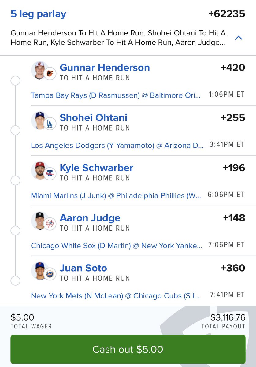 CreamerBets's tweet photo. Day 101 of asking ChatGPT for a 5 leg home run parlay until we hit one https://t.co/YRP0wQ2Acw