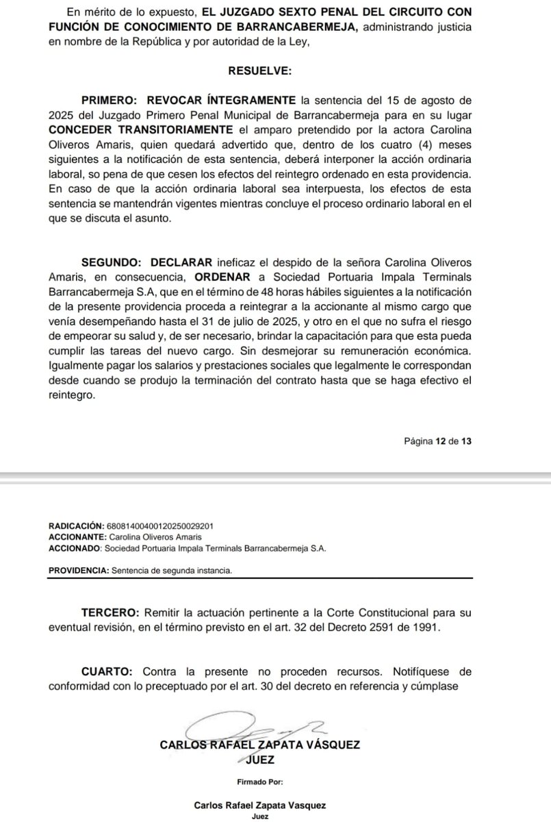 Juez constitucional de Barrancabermeja ampara los derechos de trabajadora de <a href="/trafigura/">Trafigura</a> #impalaterminals a quien despidieron sin tener en cuenta su estabilidad laboral reforzada por salud. <a href="/MintrabajoCol/">MinTrabajo</a> <a href="/sandramilemu/">Sandra Milena Muñoz Cañas</a>