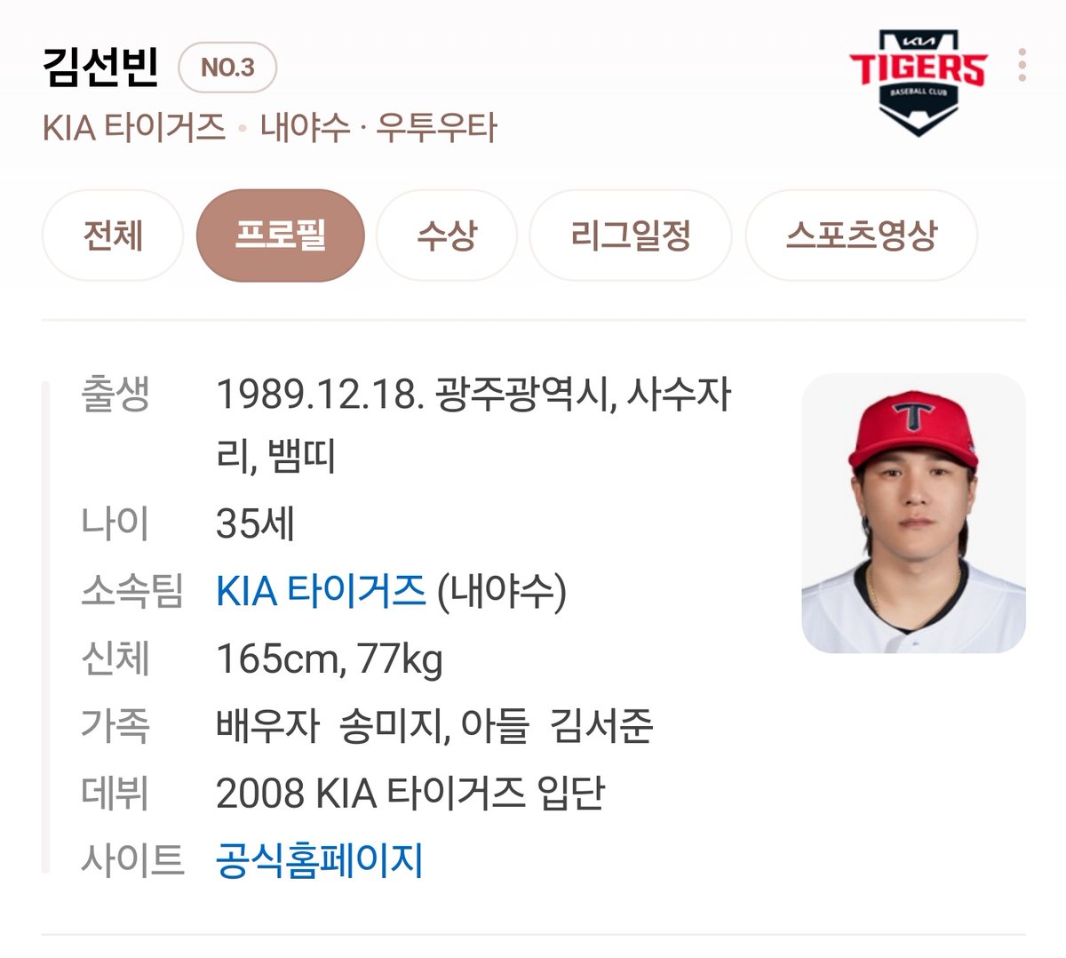 김선빈 프로 기아 타이거즈 입단 08 년도
생일까지 같은 광주일고 08년생  김선빈

이건 확실하다 부모님이 기아팬이실거야
우리 아니면 안돼