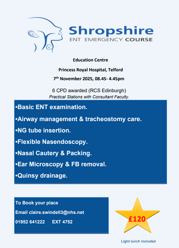 Calling all ENP's, ACP's, GP trainees and doctors who are looking to develop their skills in ENT emergencies. Book your place now! Consultant led  &amp; light lunch provided <a href="/SaTHPostgradEd/">Postgrad Education</a> <a href="/SaTHEducation/">Sath Education</a> <a href="/ShropCommHealth/">Shropshire Community Health</a>