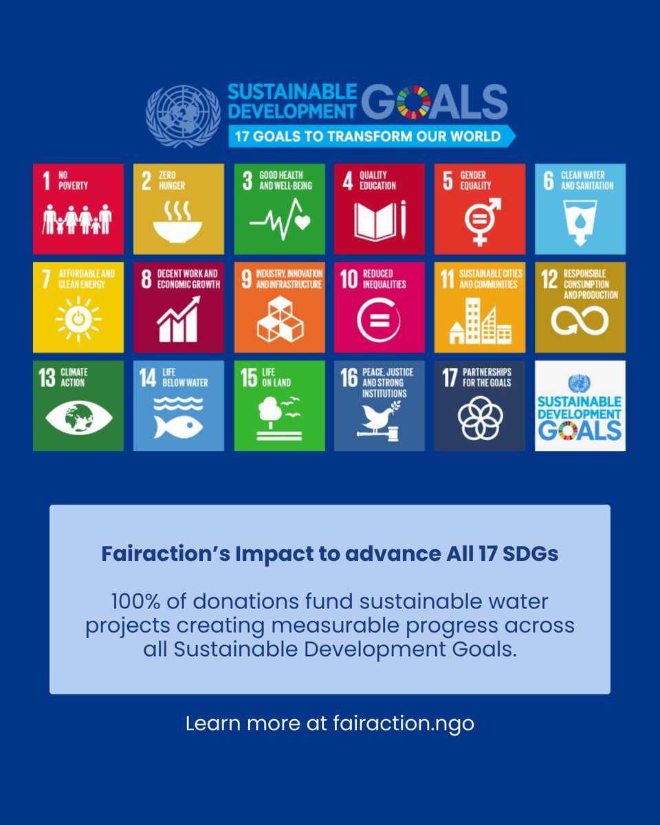 The UN has 17 global goals. Most don’t realize: 💧Clean water is the key to all of them.

Poverty, health, gender equality, education: it all starts with water.

We deliver real impact.🌍 Join us: fairaction.ngo
#FairAction #SDG6 #WaterIsLife