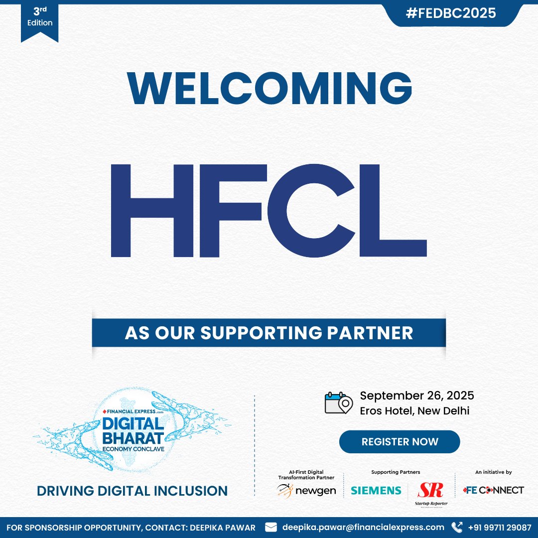 FEBrandWagon's tweet image. We welcome @hfclg as our Supporting Partner for the 3rd Edition of the FE Digital Bharat Economy Conclave 2025.   

September 26, 2025 | Eros Hotel, New Delhi 
Register Now: shorturl.at/7sPiv 

#FEDigitalBharat2025 #FEB2B #DrivingDigitalInclusion #LeadershipInTech