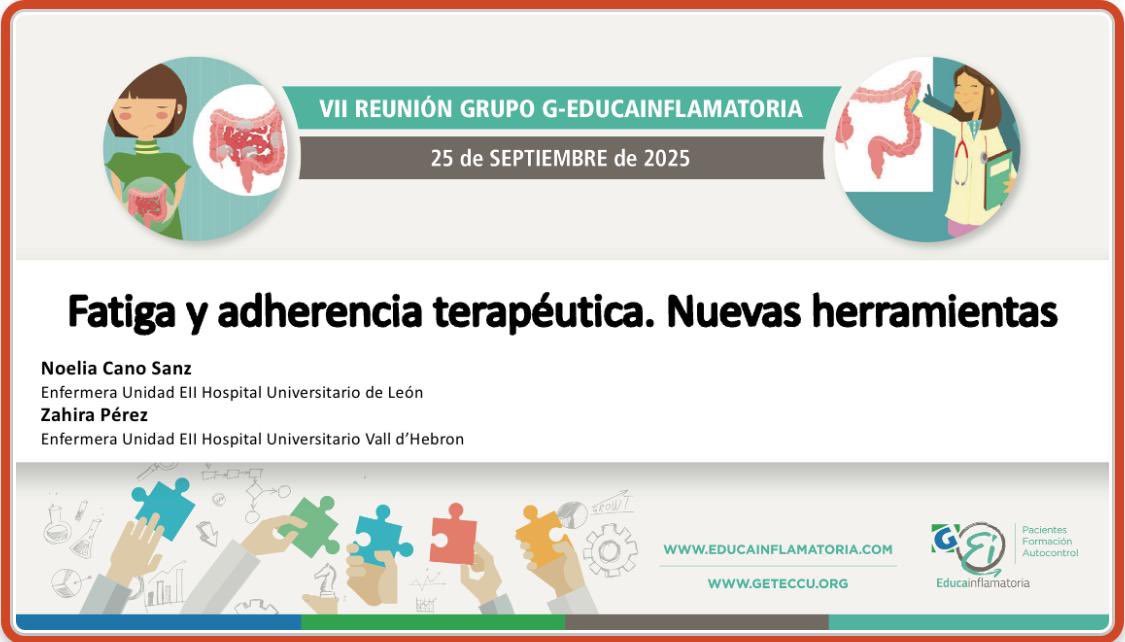 GETEII's tweet image. GETEIII participa de la mano de nuestra compañera Noelia Cano, en la VII Reunión de @entrenaeii . 
Fatiga y adherencia terapéutica. Nuevas herramientas. Educainflamatoria . Elaborado junto a Zahira Pérez del Hospital Vall Hebrón 

#ibdnurse #geteii25 #geteccu25