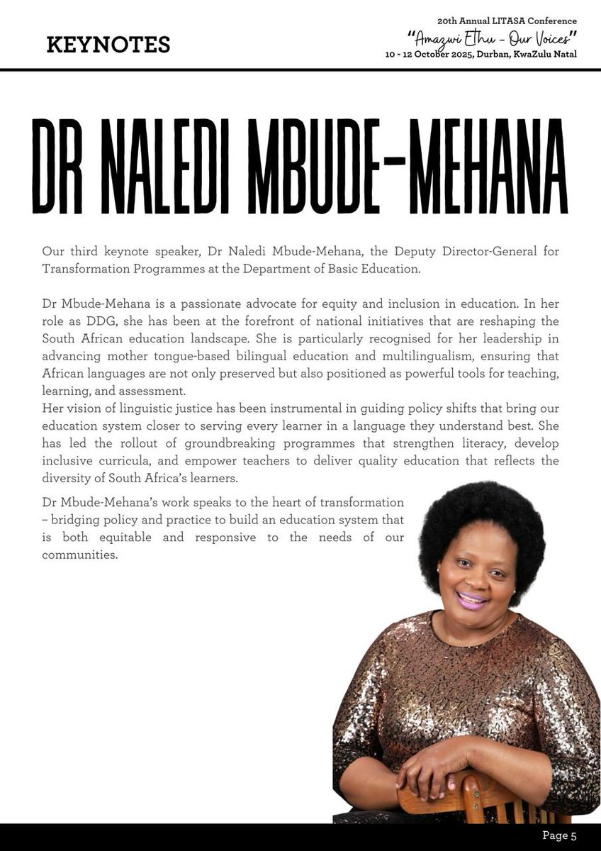 We are thrilled to announce Keynote #3 for the 20th Annual LITASA Conference 2025, “Amazwi Ethu – Our Voices”, completes an inspiring lineup of thought leaders and literacy champions who will share powerful insights.
Register now: litasa.org.za/conference2025