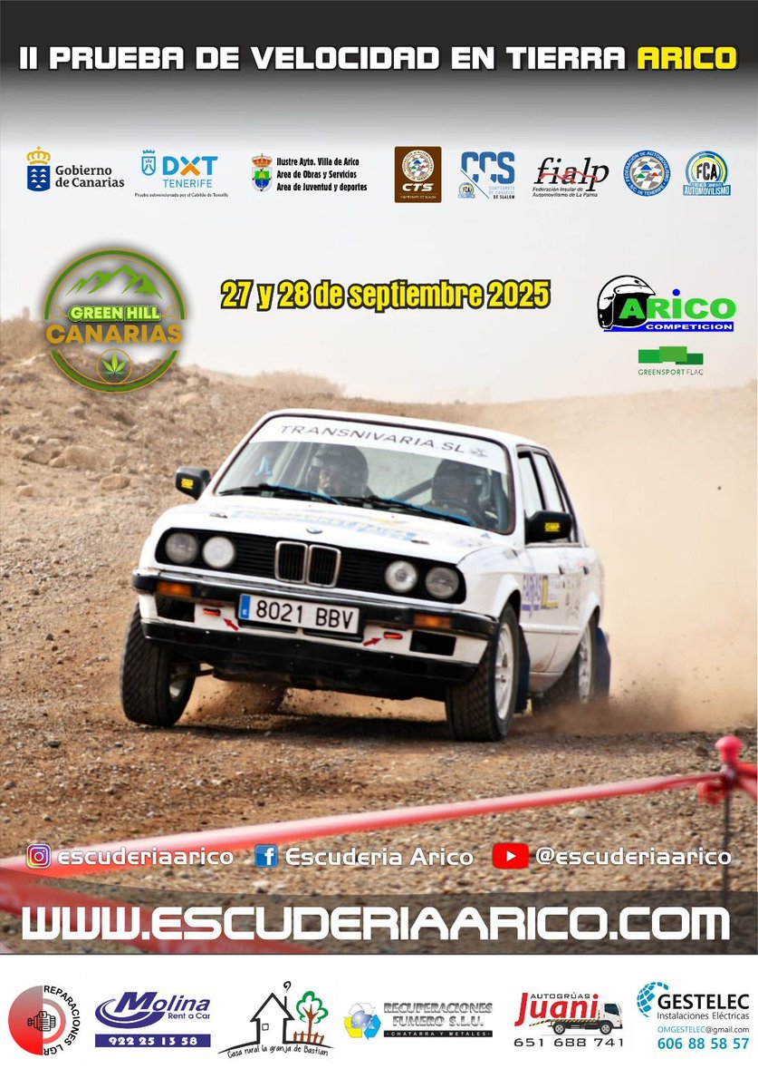 📣 Agenda del fin de semana:
🏁 II Prueba de Velocidad en Tierra Arico 2025
📆 27 y 28 de septiembre
🌐escuderiaarico.com
💪 Mucha suerte a tod@s

#SlalomArico #CTS_FIASCT #TenerifeDespiertaEmociones #EXPODECA2025
<a href="/DXTenerife/">Deportes Tenerife</a> <a href="/VisitTenerifeES/">VisitTenerifeES</a> <a href="/CabildoTenerife/">Cabildo de Tenerife</a> <a href="/IdecoGestion/">Ideco Gestión</a>