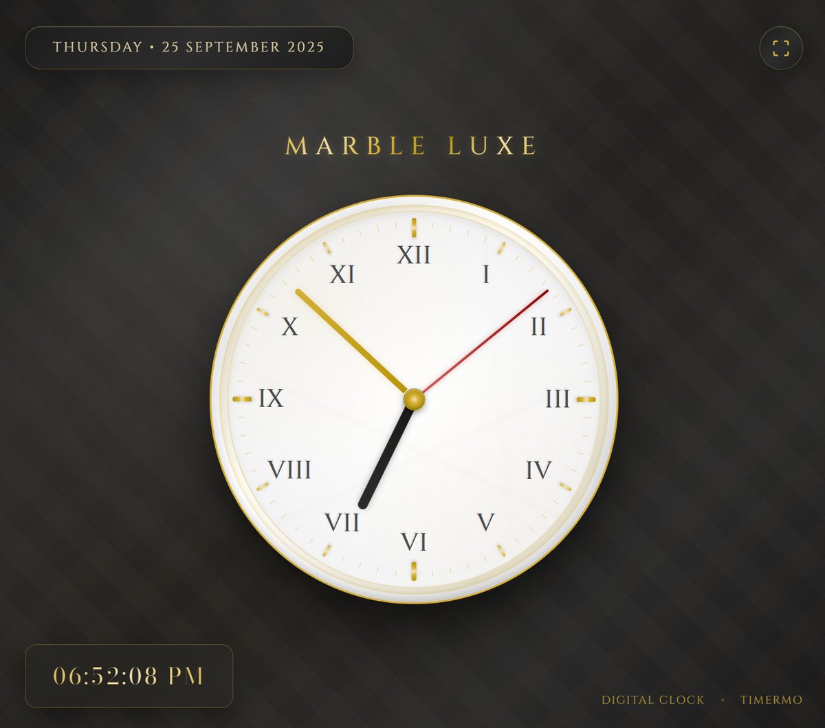 minthu's tweet image. Premium luxury analog clock with exquisite marble textures and gold accents

Click on the date, digital clock, the center dot of analog clock, etc.

timermo.com/analog-clock-m…

#AnalogClock #MarbleLuxe #TimerMo