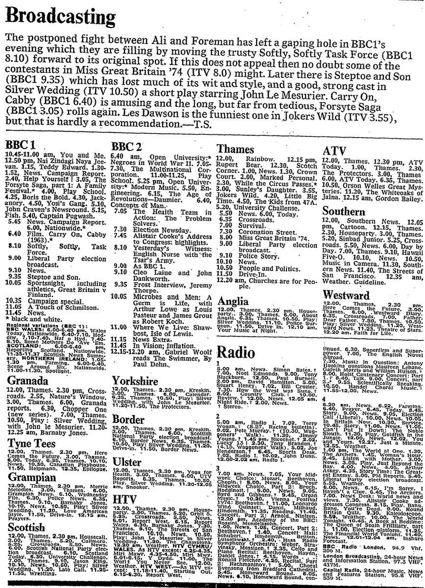 25th September 1974:

17:00 Stuart Henry (BBC R1)
ok.ru/video/10390002…

19:30 Coronation Street (ITV)
ok.ru/video/10389294…

20:10 Softly Softly - Domestic Incident (BBC1)
ok.ru/video/10389393…
Thanks to <a href="/BatesHugh95597/">Robert Bates.</a> for this episode

21:30 Steptoe &amp; Son - Seven