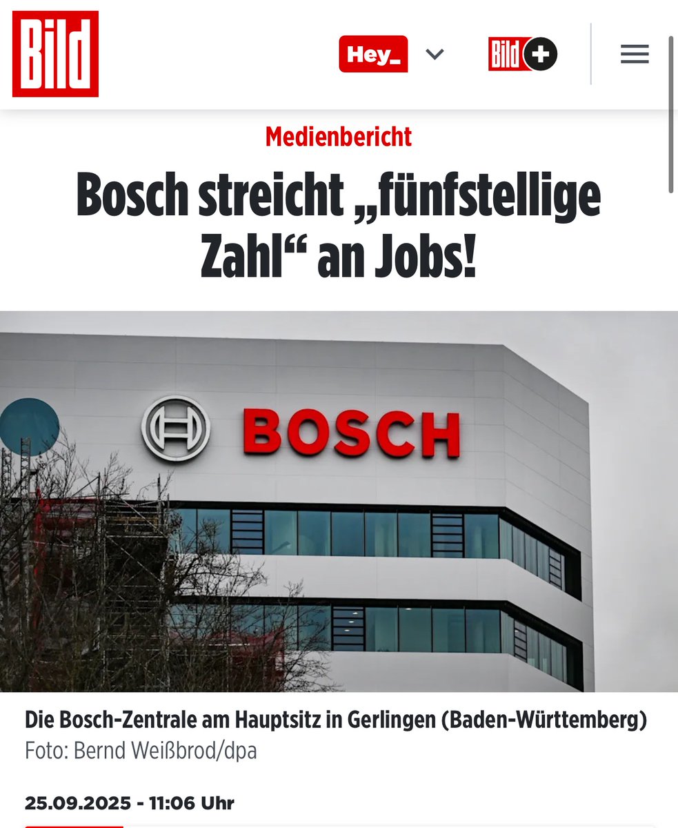 #Bosch streicht zehntausende Stellen. 
Das ist nicht nur unternehmerische Entscheidung, sondern Folge von #Verbrenner-Verbot &amp; E-Mobilitätszwang. Politik zerstört #Arbeitsplätze, Know-how &amp; ganze Regionen.

bild.de/geld/wirtschaf…