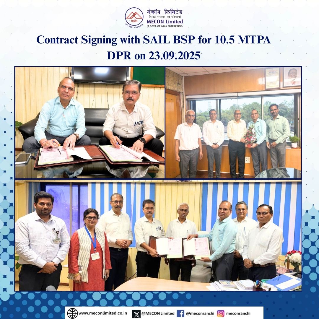 MECONLimited's tweet photo. #MECON Team on 23.09.2025 visited SAIL-BSP and met Shri C.R. Mohapatra, DIC, BSP. #MECON also signed contract for preparation of DPR for 10.5 MTPA Expansion of BSP in presence of officials of #MECON and BSP. https://t.co/5iY64BhlSM