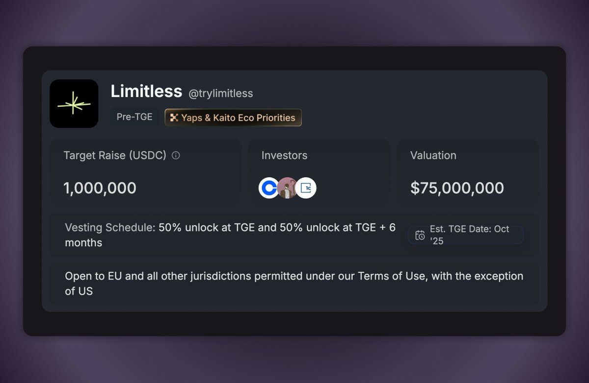The @trylimitless Public Sale is now live! Head to our Capital Launchpad to  participate. Reminder - if the sale becomes oversubscribed, Limitless  users, creators, larger and earlier pledges, accounts with stronger onchain