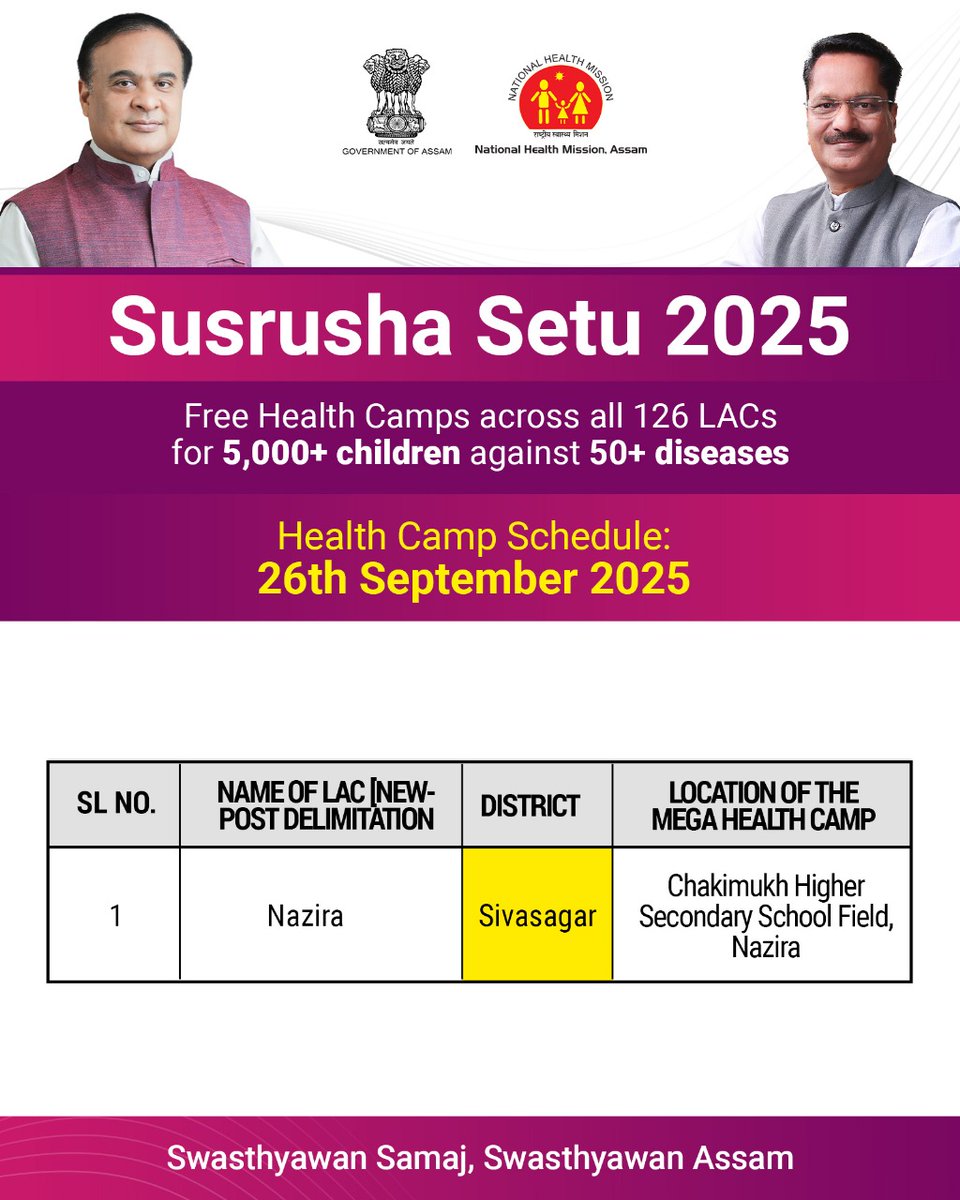 #SevaSaptah
#SusrushaSetu
#MegaHealthCamp

The schedule for tomorrow's (26 Sept, 2025) LAC-Wise Mega Health Camp is shared below.

Your kind cooperation will go a long way towards complementing our efforts in building a #Healthier Assam.
