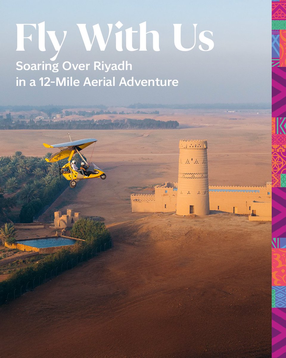 VisitSaudi's tweet image. Take to the skies over Riyadh on an aerial adventure.
Glide above cityscapes and desert silhouettes, watch landmarks shrink into a glittering mosaic below and taste the thrill of a unique perspective.
📍#Riyadh
Book your aerial tour now: book.visitsaudi.com/product/2276cb…
#VisitSaudi