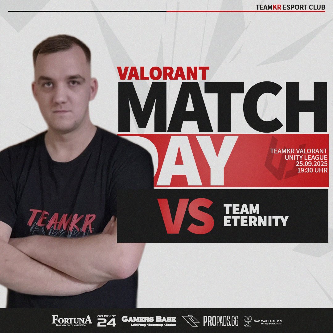 teamKR_'s tweet photo. [ VL | Matchday ]

Mit 0:2 in der @dachunityleague steht unser #VALORANT-Team. Zeit für den ersten Sieg, oder?
Da kommt doch heute das Match gegen @TeamEternityVAL gerade recht.

Leider wird es heute keinen Cast zum Match geben.

🏆 UNITY League
🆚 Team Eternity
⏰ 19:30 Uhr
📺 -
🎙️ -