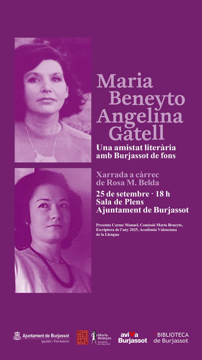 AVL (@avloficial) on Twitter photo 🗣️ Esta vesprada tenim la xarrada «Maria Beneyto i Angelina Gatell. Una amistat literària amb Burjassot de fons», a càrrec de Rosa M. Belda. 
⌚️18 h
📍 Sala de Plens de l'Ajuntament de Burjassot
Més informació de l'Any Maria Beneyto ⤵️
avl.gva.es/escriptors-de-… 🗣️ Esta vesprada tenim la xarrada «Maria Beneyto i Angelina Gatell. Una amistat literària amb Burjassot de fons», a càrrec de Rosa M. Belda. 
⌚️18 h
📍 Sala de Plens de l'Ajuntament de Burjassot
Més informació de l'Any Maria Beneyto ⤵️
avl.gva.es/escriptors-de-…