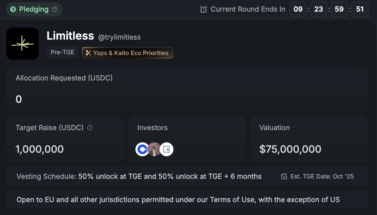 The Limitless Community Sale on Kaito Launchpad has officially started!  This marks a unique opportunity for our community to join Limitless at the  very beginning & shape the future of prediction markets