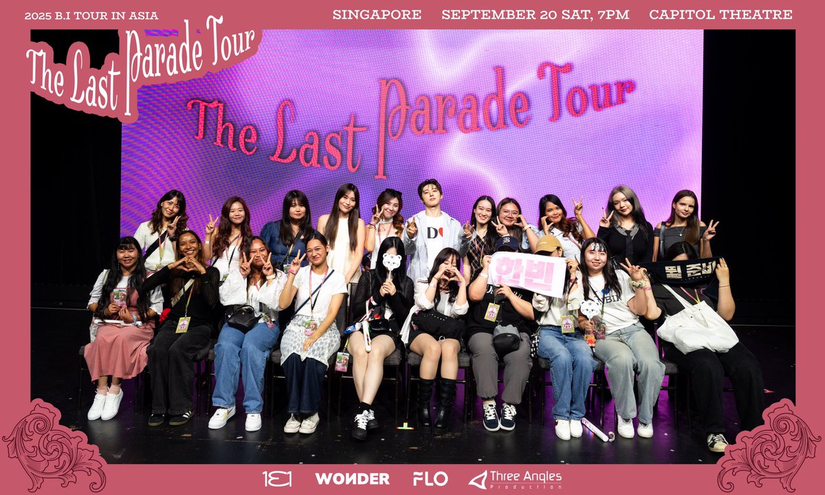 Threeanglespro's tweet photo. Captured under the lights of the 2025 B.I Tour: The Last Parade in SINGAPORE, the whole night became a memory to treasure forever. ✨☁️ Here are your group photos to cherish for a lifetime. 🩷

🔗: https://t.co/iXVBn2VaPL

#BI #비아이
#Coogie #쿠기 
#131LABEL #duover
#2025BITOUR
#THELASTPARADE
#2025THELASTPARADEINSINGAPORE
#wondercoltd #threeanglesproduction
