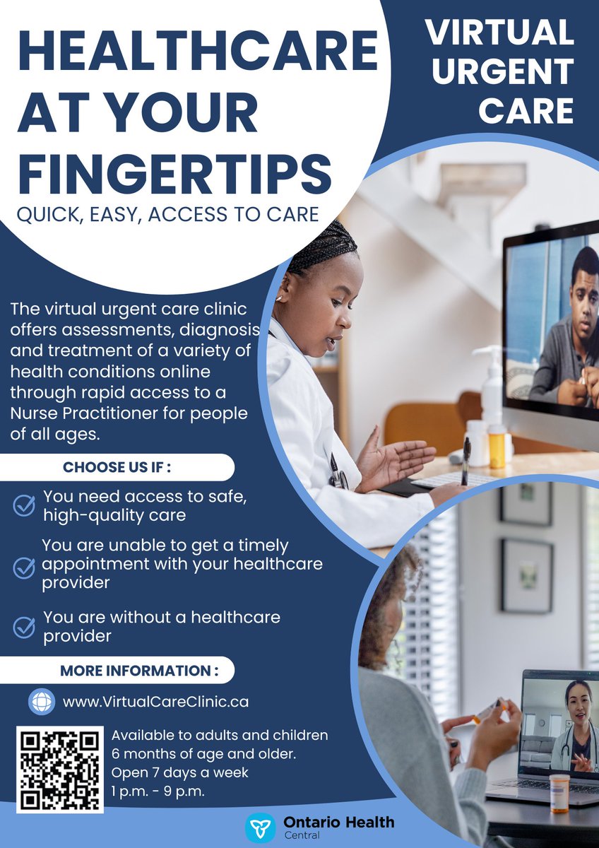 WesternYROHT's tweet photo. Do you need care urgently, but can’t get an appointment with a family doctor? Accessing high-quality care in the Central region is just a click away! Visit https://t.co/qRQhrUG7Yy to connect with a nurse practitioner virtually for urgent, non-life-threatening conditions. https://t.co/g8jPEpGa2t